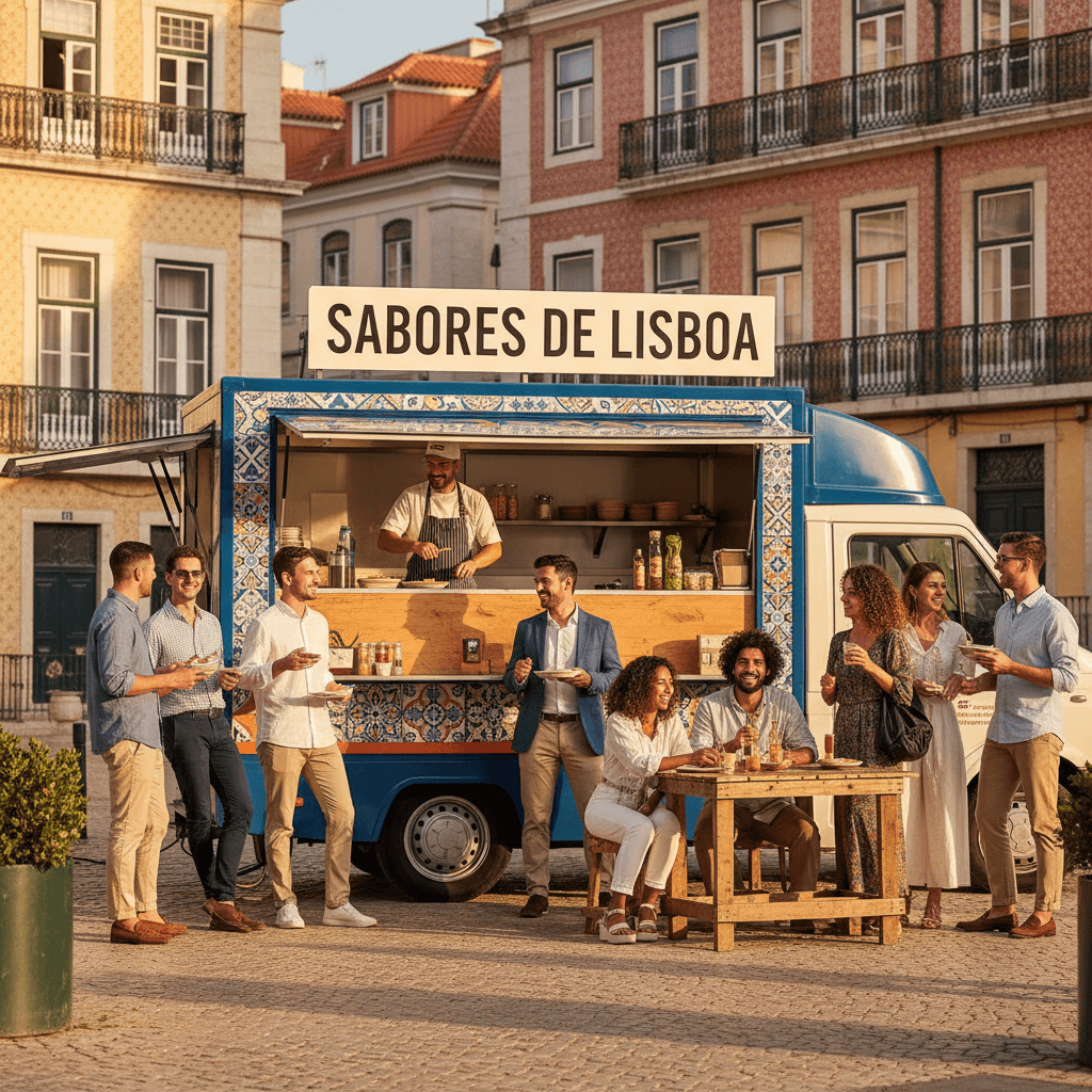 Food truck serving customers in urban setting