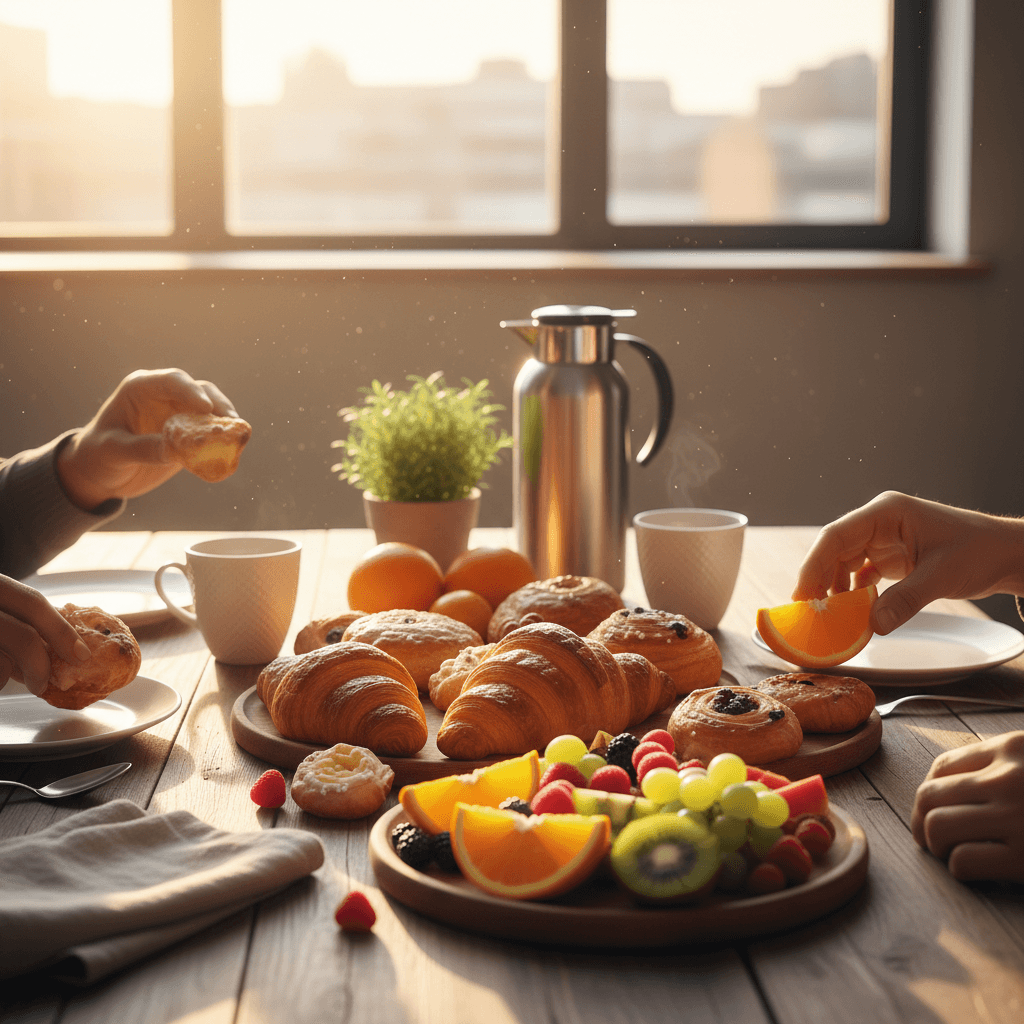 Office breakfast spread with pastries and coffee