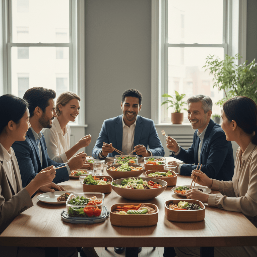 Team enjoying lunch together at office table