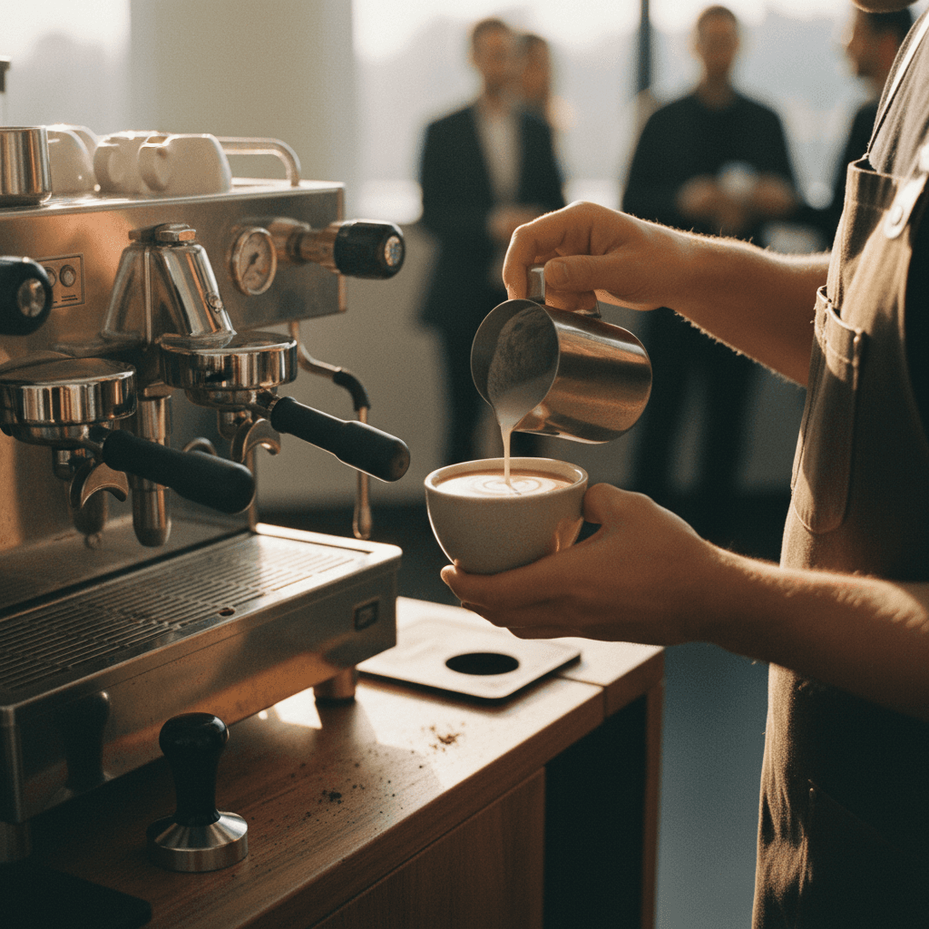 Barista creating latte art on mobile coffee cart