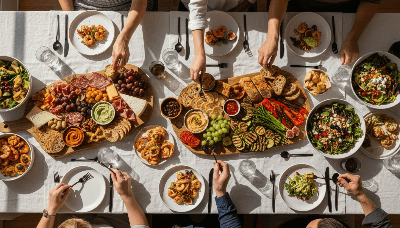 Vibrant overhead view of curated food platters and grazing boards arranged for corporate events
