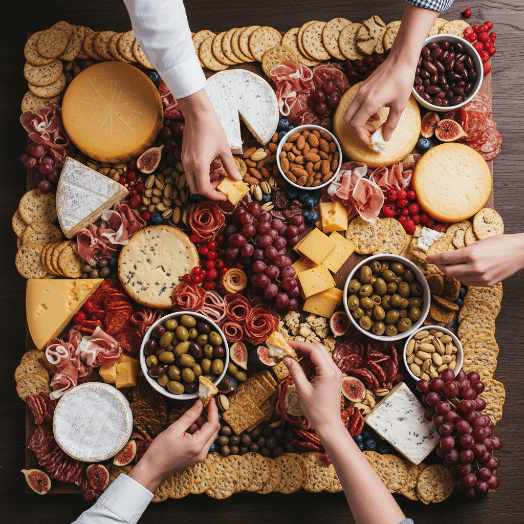 Grazing table with cheeses, meats, and seasonal items