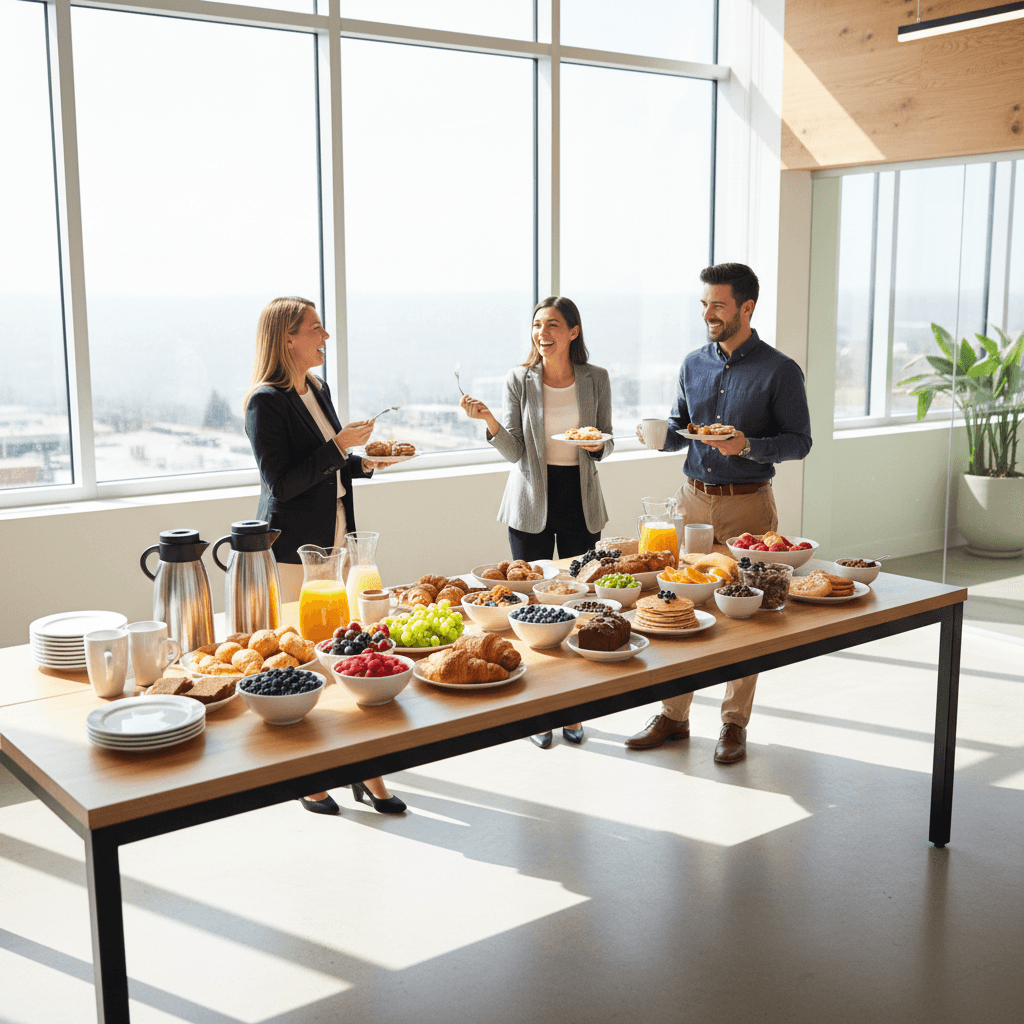 Team enjoying catered office breakfast in Lisbon workplace